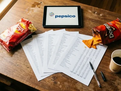 Overhead view of printed earnings pages on a wooden desk with bags of Lay's and Doritos, a coffee cup and a tablet showing the PepsiCo logo
