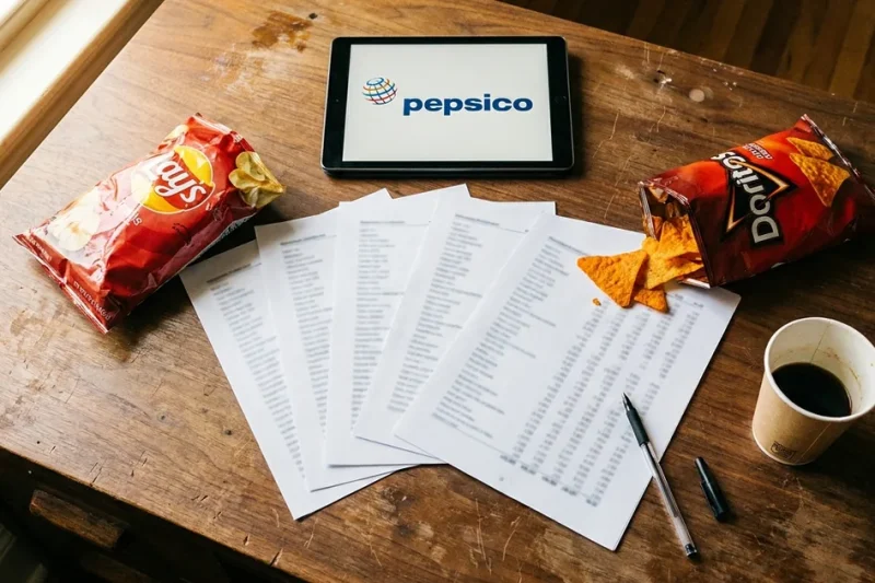 Overhead view of printed earnings pages on a wooden desk with bags of Lay's and Doritos, a coffee cup and a tablet showing the PepsiCo logo