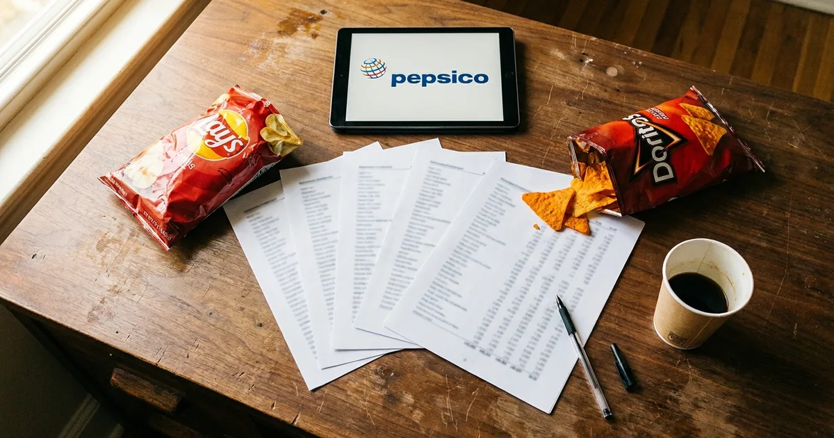 Overhead view of printed earnings pages on a wooden desk with bags of Lay's and Doritos, a coffee cup and a tablet showing the PepsiCo logo