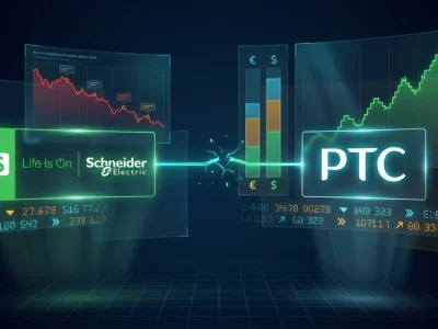 Schneider Electric and PTC logos on a dark trading-desk display, joined by a cracked light line between a falling red chart and a rising green chart