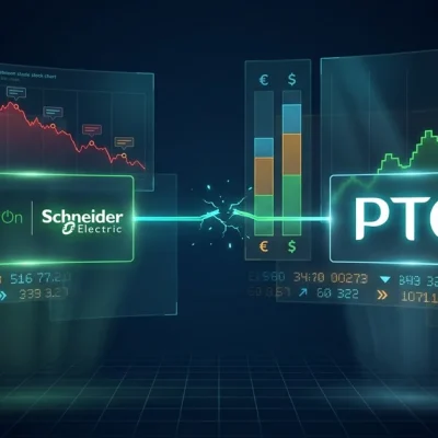 Schneider Electric and PTC logos on a dark trading-desk display, joined by a cracked light line between a falling red chart and a rising green chart