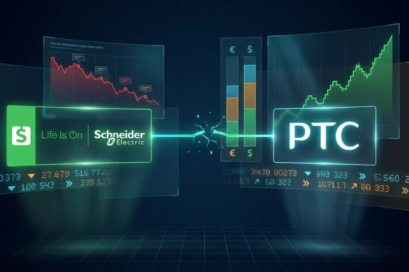 Schneider Electric and PTC logos on a dark trading-desk display, joined by a cracked light line between a falling red chart and a rising green chart
