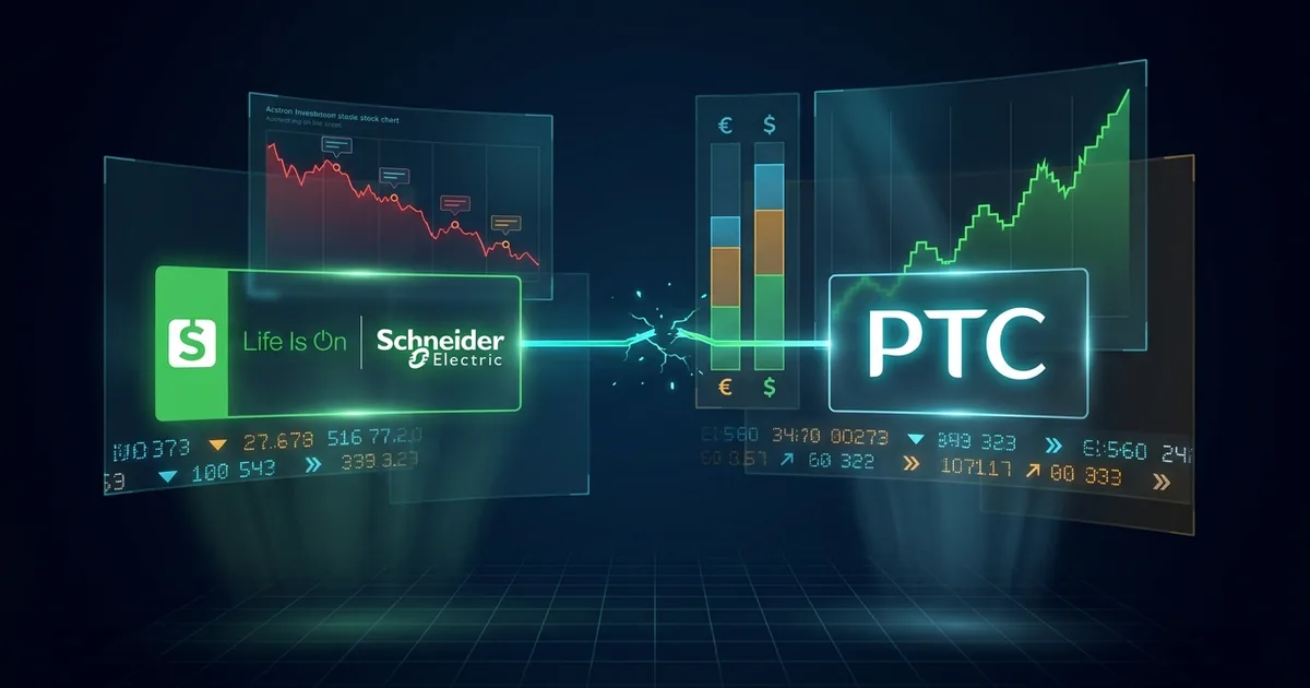 Schneider Electric and PTC logos on a dark trading-desk display, joined by a cracked light line between a falling red chart and a rising green chart