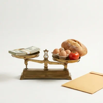 A brass balance scale with a stack of dollar bills outweighed by bread, eggs and a tomato, beside a plain pay envelope