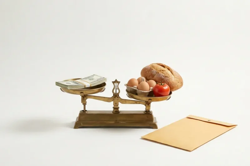 A brass balance scale with a stack of dollar bills outweighed by bread, eggs and a tomato, beside a plain pay envelope