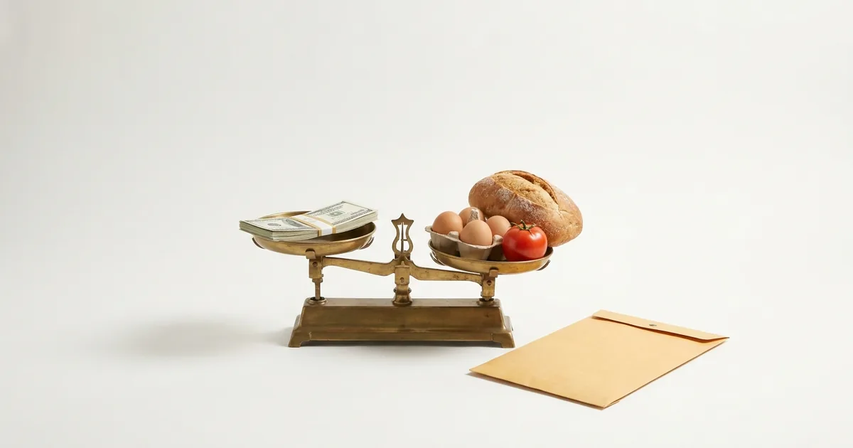 A brass balance scale with a stack of dollar bills outweighed by bread, eggs and a tomato, beside a plain pay envelope