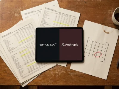 A tablet showing the SpaceX and Anthropic logos on a wooden desk beside highlighted filing pages and a page with a calendar circled in red