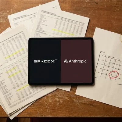 A tablet showing the SpaceX and Anthropic logos on a wooden desk beside highlighted filing pages and a page with a calendar circled in red