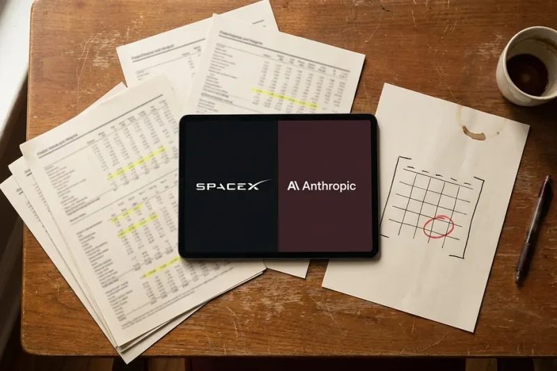 A tablet showing the SpaceX and Anthropic logos on a wooden desk beside highlighted filing pages and a page with a calendar circled in red
