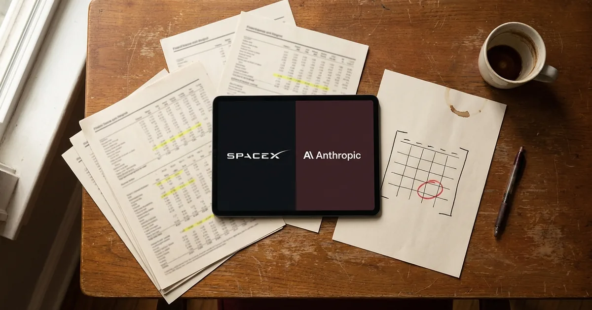 A tablet showing the SpaceX and Anthropic logos on a wooden desk beside highlighted filing pages and a page with a calendar circled in red