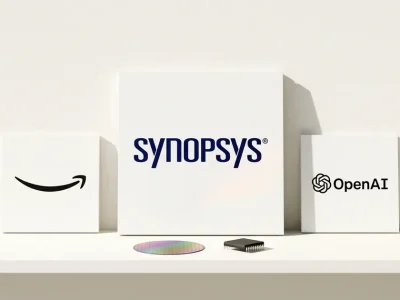 Printed logo cards for Synopsys, Amazon and OpenAI beside a silicon wafer and chip on a white studio shelf