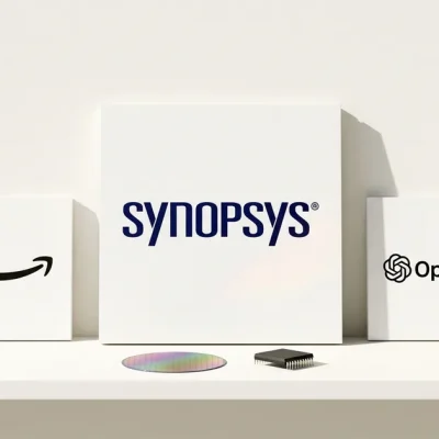 Printed logo cards for Synopsys, Amazon and OpenAI beside a silicon wafer and chip on a white studio shelf