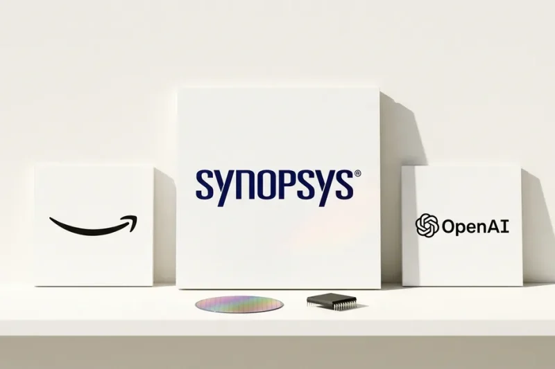 Printed logo cards for Synopsys, Amazon and OpenAI beside a silicon wafer and chip on a white studio shelf