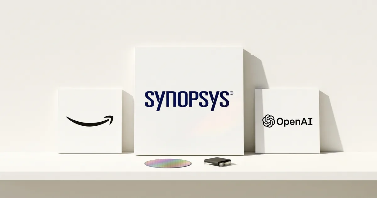 Printed logo cards for Synopsys, Amazon and OpenAI beside a silicon wafer and chip on a white studio shelf