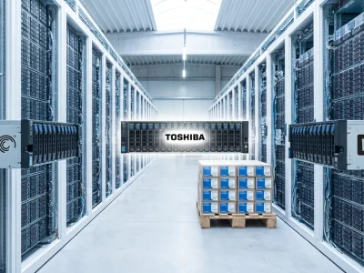 Data center aisle with Seagate and Western Digital drive trays in the foreground and a Toshiba tray with a pallet of boxed drives in the centre