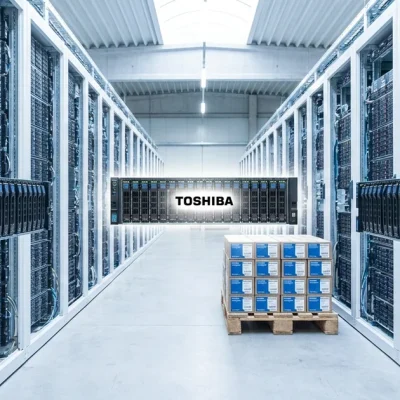 Data center aisle with Seagate and Western Digital drive trays in the foreground and a Toshiba tray with a pallet of boxed drives in the centre