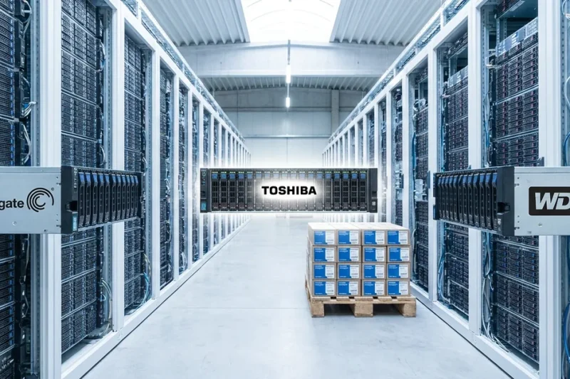 Data center aisle with Seagate and Western Digital drive trays in the foreground and a Toshiba tray with a pallet of boxed drives in the centre