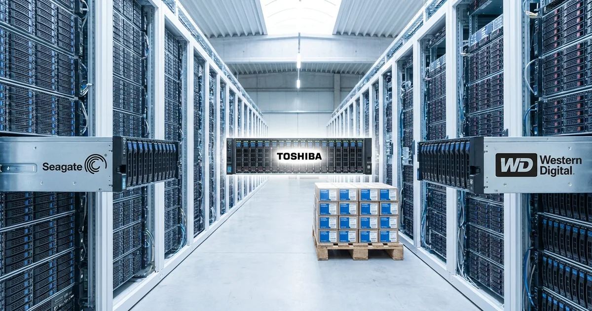 Data center aisle with Seagate and Western Digital drive trays in the foreground and a Toshiba tray with a pallet of boxed drives in the centre