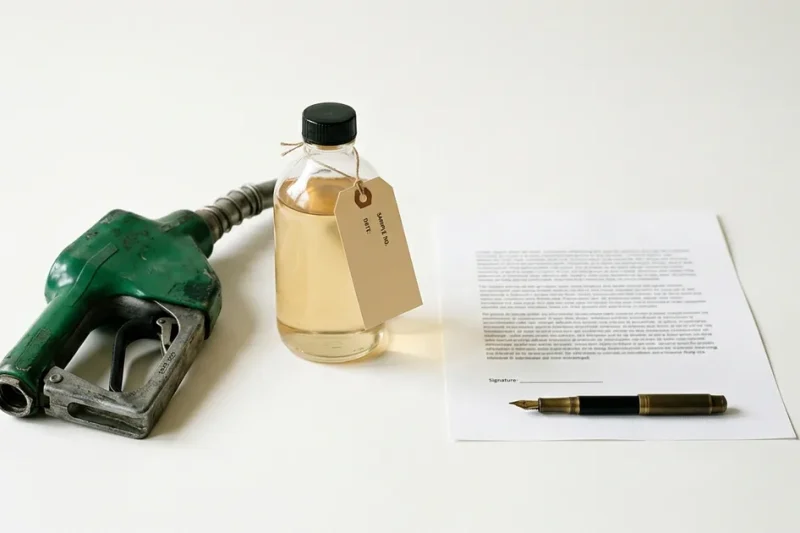 A green diesel pump nozzle, a glass sample bottle of amber diesel fuel and a one-page typed document with a fountain pen on a white studio backdrop