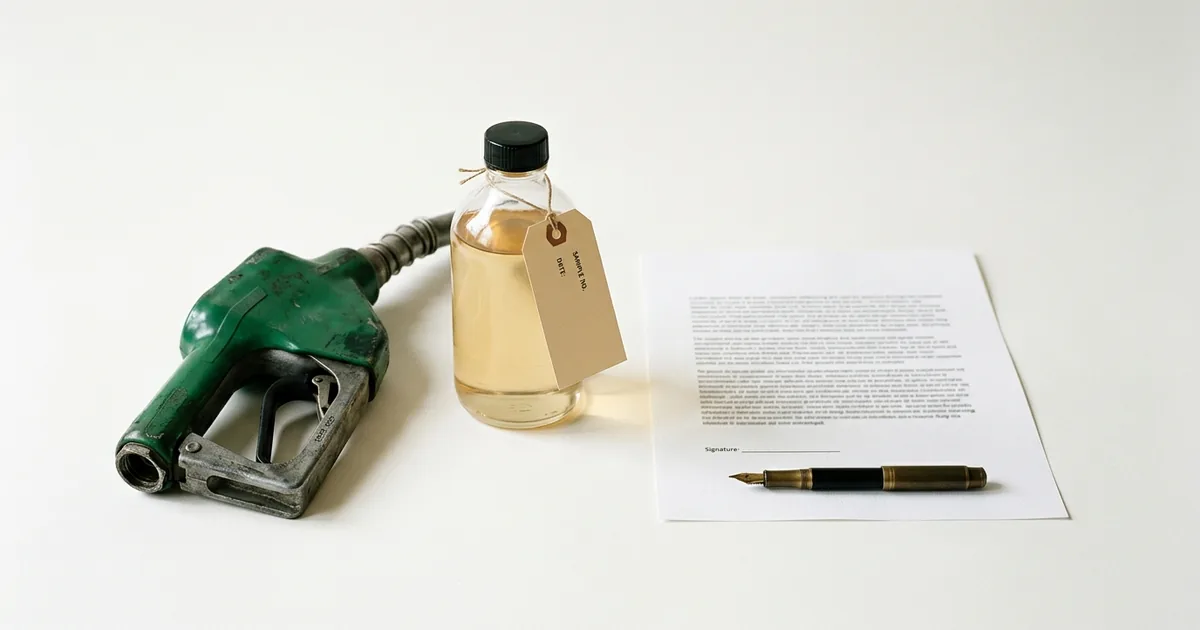 A green diesel pump nozzle, a glass sample bottle of amber diesel fuel and a one-page typed document with a fountain pen on a white studio backdrop