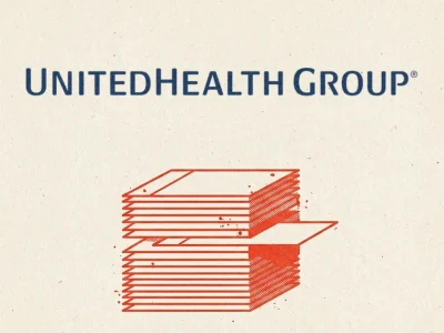 Risograph-style poster with the UnitedHealth Group logo in blue above a red stack of ledger slips, one slip sliding out of the stack.