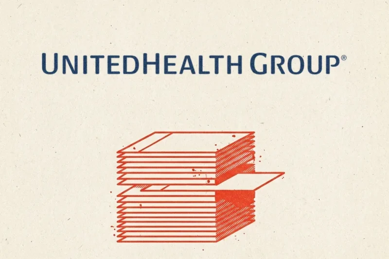Risograph-style poster with the UnitedHealth Group logo in blue above a red stack of ledger slips, one slip sliding out of the stack.