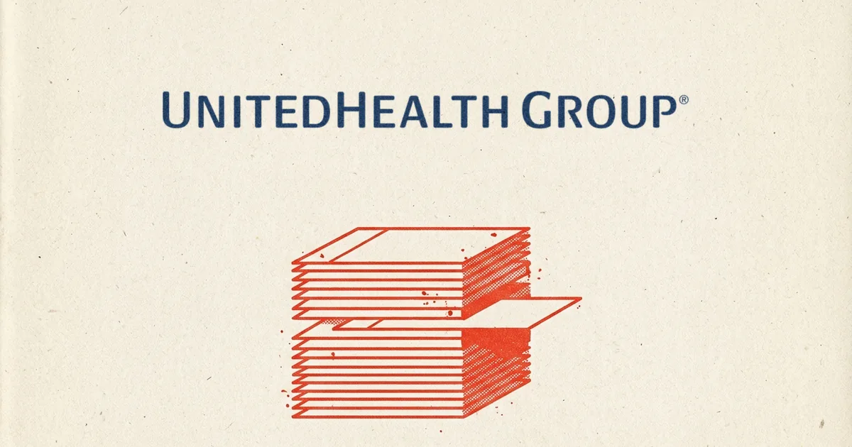 Risograph-style poster with the UnitedHealth Group logo in blue above a red stack of ledger slips, one slip sliding out of the stack.