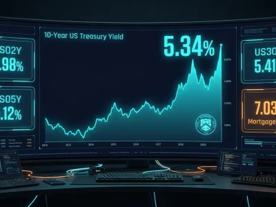 Treasury yield chart on a dark trading-desk display showing 5.34% and a 7.03% mortgage rate card