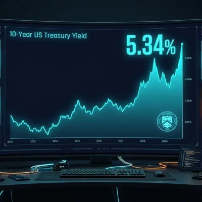 Treasury yield chart on a dark trading-desk display showing 5.34% and a 7.03% mortgage rate card