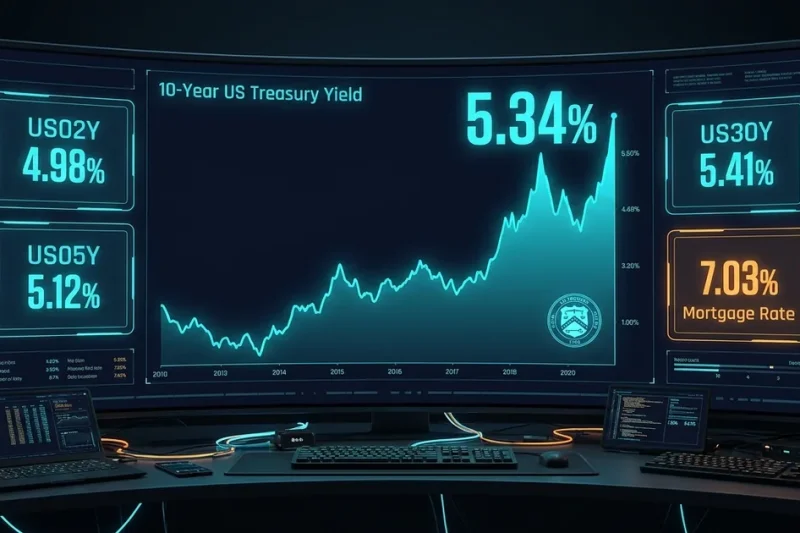 Treasury yield chart on a dark trading-desk display showing 5.34% and a 7.03% mortgage rate card