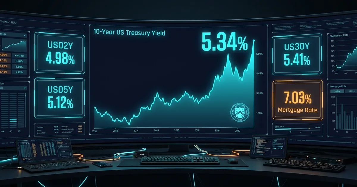 Treasury yield chart on a dark trading-desk display showing 5.34% and a 7.03% mortgage rate card